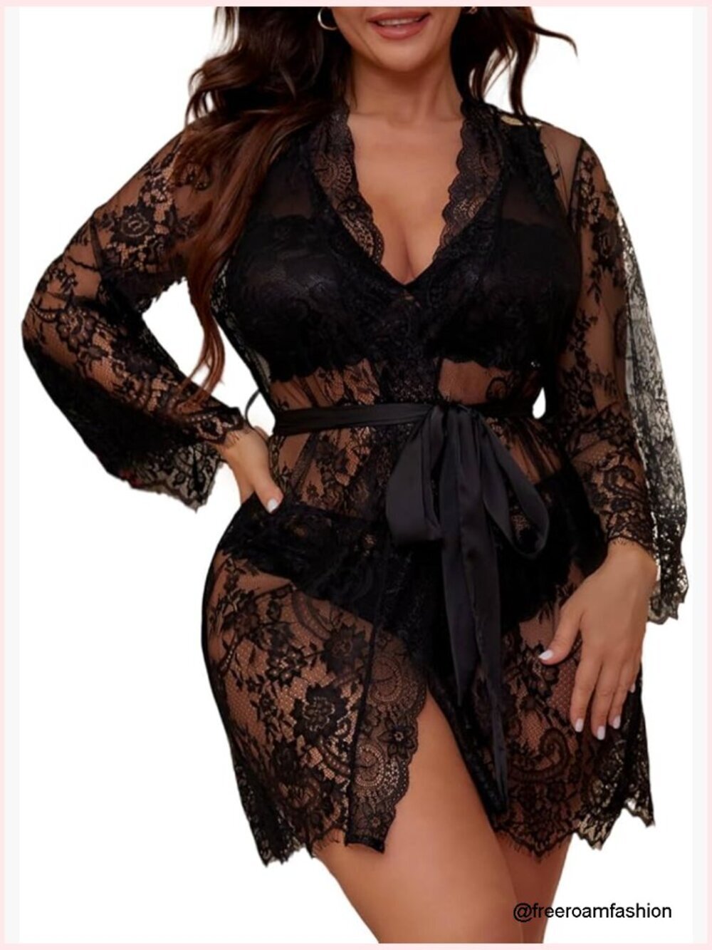 Plus Size Lingerie Set with Lace Kimono Robe - 3 Piece Sleepwear